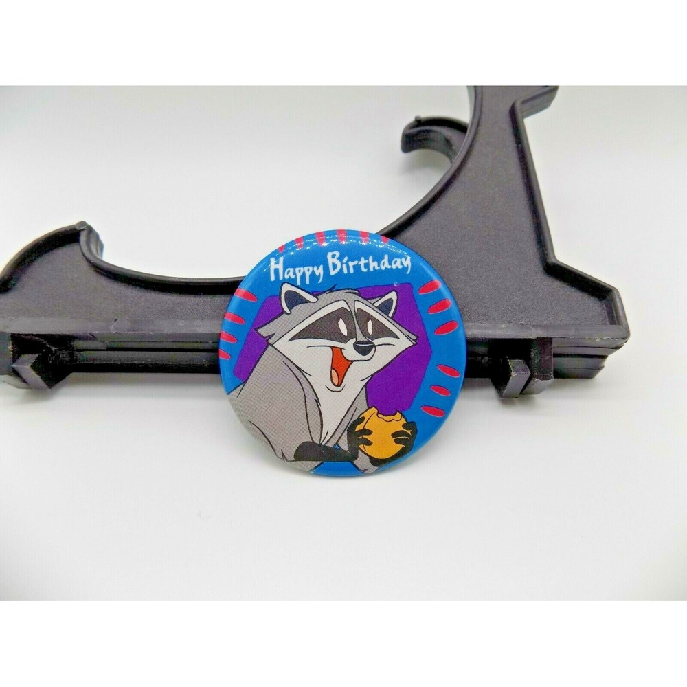 Vintage Happy Birthday Raccoon Pinback Button Blue Collectible Animal Pin